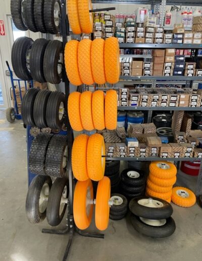 different color of tires and tools are in shop display